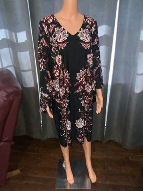 Roz & Ali Black Midi Dress with Burgundy and White Floral Print